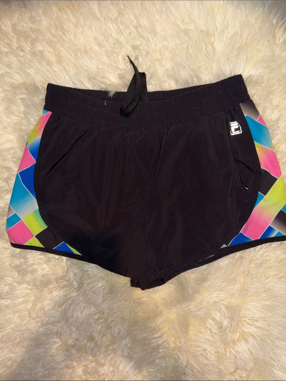 Fila Black Athletic Shorts with Multicolor Geometric Panels